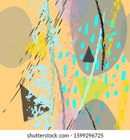 Collage Contemporary Vector Textures. Seamless Pattern. Artistic Crayon Modern Strokes Surface. Chalk Grunge Dirty Dry Distress Hand Drawn Pastel. Summer Bright Dry. Chaotic Triangle Shape Collage.