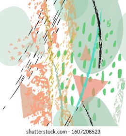 Collage Contemporary Vector Textures. Seamless Pattern. Artistic Crayon Modern Strokes Surface. Chalk Grunge Dirty Dry Distress Hand Drawn Pastel. Summer Bright Dry. Chaotic Triangle Shape Collage.