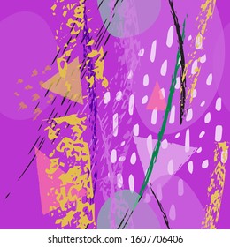 Collage Contemporary Vector Textures. Seamless Pattern. Artistic Crayon Modern Strokes Surface. Chalk Grunge Dirty Dry Distress Hand Drawn Pastel. Summer Bright Dry. Chaotic Triangle Shape Collage.