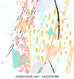 Collage Contemporary Vector Textures. Seamless Pattern. Artistic Crayon Modern Strokes Surface. Chalk Grunge Dirty Dry Distress Hand Drawn Pastel. Summer Bright Dry. Chaotic Triangle Shape Collage.