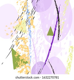 Collage Contemporary Vector Textures. Seamless Pattern. Artistic Crayon Modern Strokes Surface. Chalk Grunge Dirty Dry Distress Hand Drawn Pastel. Summer Bright Dry. Chaotic Triangle Shape Collage.