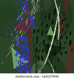 Collage Contemporary Vector Textures. Seamless Pattern. Artistic Crayon Modern Strokes Surface. Chalk Grunge Dirty Dry Distress Hand Drawn Pastel. Summer Bright Dry. Chaotic Triangle Shape Collage.