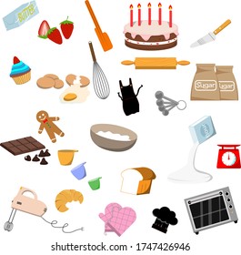 A collage of the cooking utensils and food. It is for cooking cake or bread. It is a vector illustration.