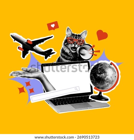 Collage of a cool cat, airplane, globe and laptop in halftone retro style. Travel, remote work, and adventure content. For editorial, social media, and marketing designs.