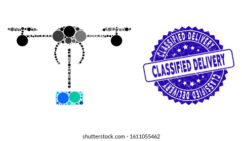 Collage copter shipment icon and grunge stamp seal with Classified Delivery phrase. Mosaic vector is created with copter shipment icon and with random round spots.