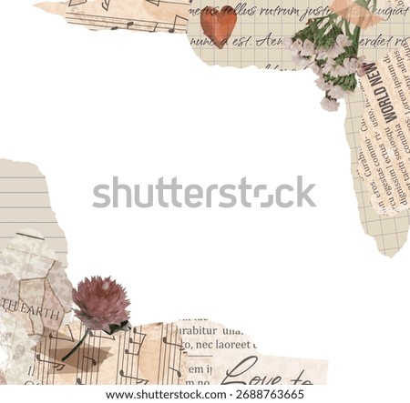 Collage corner frame with old vintage torn newspaper and notebook sheet