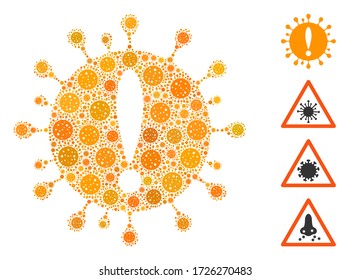 Collage coronavirus attention organized from SARS virus icons in random sizes and color hues. Vector infection elements are organized into abstract illustration coronavirus attention icon.