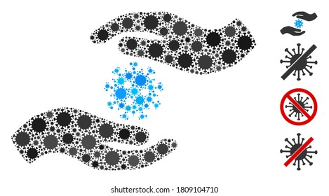 Collage coronavirus care hands united from flu virus elements in variable sizes and color hues. Vector infection elements are united into abstract collage coronavirus care hands icon.