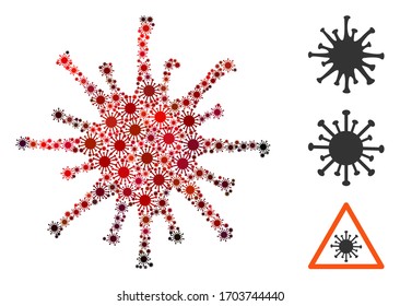 Collage coronavirus composed of flu virus items in variable sizes, red colors. Vector pathogen icons are organized into abstract collage coronavirus icon. Some bonus icons are added.