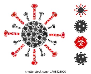 Collage coronavirus designed from SARS virus icons in different sizes and color hues. Vector viral icons are arranged into abstract collage coronavirus icon. Some bonus icons are added.