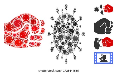 Collage coronavirus fist strike composed of covid-2019 virus icons in various sizes and color hues. Vector infection icons are organized into abstract collage coronavirus fist strike icon.