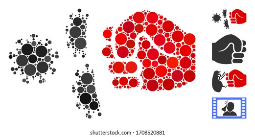 Collage Coronavirus fist strike icon constructed from round items in different sizes, positions and proportions. Vector circle items are arranged into abstract collage coronavirus fist strike icon.
