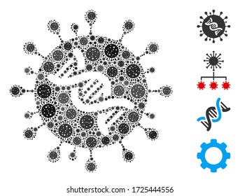 Collage coronavirus genome designed from SARS virus icons in different sizes and color hues. Vector pathogen icons are organized into abstract mosaic coronavirus genome icon.