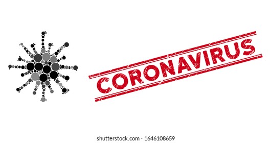 Collage coronavirus icon and distressed stamp seal with Coronavirus phrase between double parallel lines. Mosaic vector is designed with coronavirus icon and with randomized circle spots.