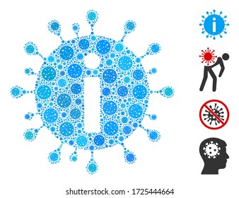 Collage coronavirus info organized from flu virus elements in random sizes and color hues. Vector infection elements are organized into abstract collage coronavirus info icon.