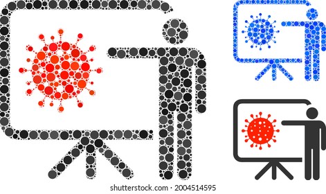 Icono de la conferencia del coronavirus de grupo organizado a partir de elementos de círculo en tamaños, posiciones y proporciones aleatorias. Versiones azules y originales del icono de la conferencia de coronavirus.