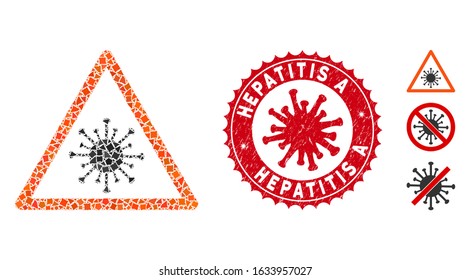 Collage coronavirus warning icon and red rounded rubber stamp watermark with Hepatitis A text and coronavirus symbol.