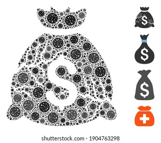 Collage corrupted fund designed from coronavirus icons in variable sizes and color hues. Vector pathogen icons are combined into abstract illustration corrupted fund icon. Some bonus icons are added.