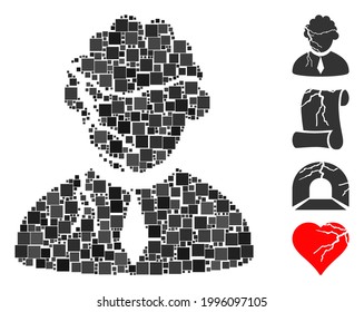 Collage Corrupted judge icon composed of square items in variable sizes and color hues. Vector square items are organized into abstract collage corrupted judge icon. Bonus pictograms are added.