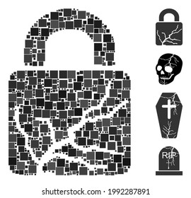 Collage Korruptes Schloss Symbol aus quadratischen Elementen in verschiedenen Größen und Farbtönen organisiert. Vektorquadratische Elemente werden in abstrakte Illustrationen vermischt und verfälscht das Schloss-Symbol.