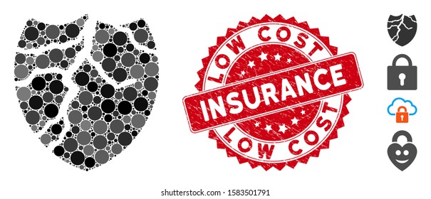 Collage corrupted shield icon and rubber stamp seal with Low Cost Insurance phrase. Mosaic vector is created with corrupted shield icon and with random round spots.