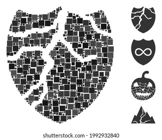Collage Corrupted shield icon united from square elements in random sizes and color hues. Vector square elements are united into abstract collage corrupted shield icon. Bonus icons are added.