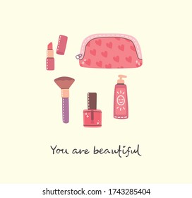 Collage of cosmetics and body care products for make up. Lipstick, lotion, perfumes, nail polish. Vector modern illustration in flat style.