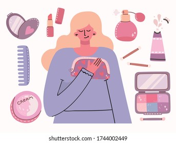 Collage of cosmetics and body care products for make up around girl with cosmetic bag. Lipstick, lotion, hair comb, powder, perfumes, brush, nail polish. Vector modern illustration in flat style.