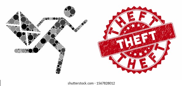 Collage courier and grunge stamp seal with Theft phrase. Mosaic vector is created from courier icon and with scattered spheric spots. Theft stamp seal uses red color, and grunge surface.