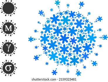 El ícono del virus Covid Collage se crea para invierno, Año Nuevo, Navidad. El mosaico de iconos del virus Covid se crea con iconos de nieve azul claro. Se agregan algunos iconos similares.