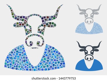 Collage Cow boy icon constructed from circle and square items in random sizes, positions and proportions. Vector spheric and square spots are arranged into abstract collage cow boy icons.