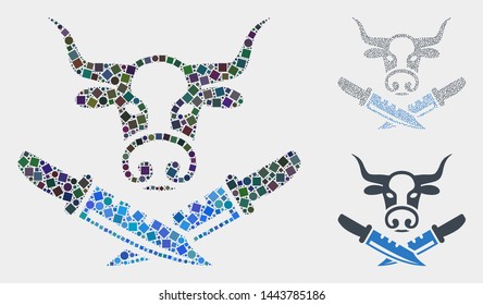 Collage Cow butchery icon composed of round and square elements in random sizes, positions and proportions. Vector round and square parts are organized into abstract collage cow butchery icons.
