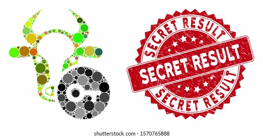 Collage cow key and grunge stamp watermark with Secret Result text. Mosaic vector is designed with cow key icon and with scattered spheric elements. Secret Result stamp uses red color,