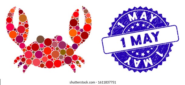 Collage crab icon and rubber stamp seal with 1 May text. Mosaic vector is composed with crab icon and with random spheric spots. 1 May stamp seal uses blue color, and dirty design.