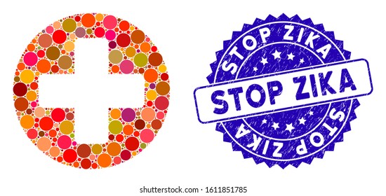 Collage create cross icon and rubber stamp seal with Stop Zika caption. Mosaic vector is composed with create cross pictogram and with random circle spots. Stop Zika stamp seal uses blue color,