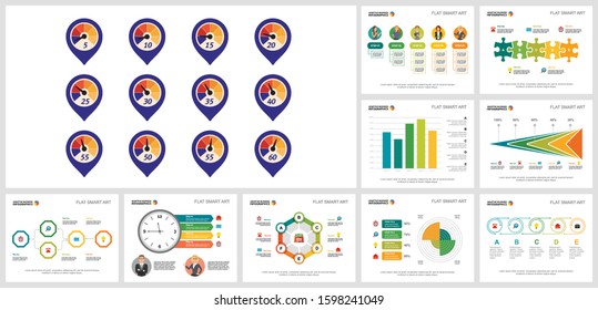 Collage of creative business infographic charts for management. Can be used for workflow layout, annual report, presentation slide, web design. Business concept with speedometer, pie and bar charts