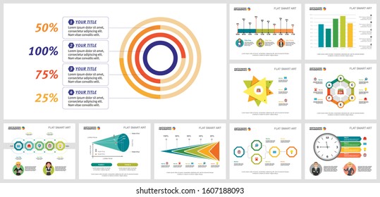 Collage of creative infographic diagrams with geometric elements. Can be used for workflow layout, presentation slide, web design. Business and accounting concept with radial bar and timeline charts