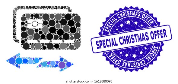 Collage credit card exchange icon and corroded stamp seal with Special Christmas Offer phrase. Mosaic vector is created with credit card exchange pictogram and with random round elements.