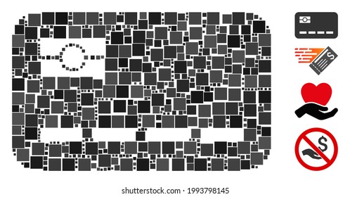 Collage Credit card icon composed of square items in different sizes and color hues. Vector square items are composed into abstract mosaic credit card icon. Bonus icons are added.