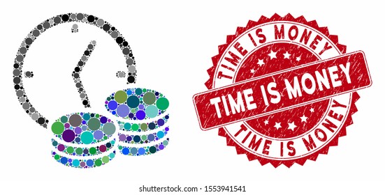Collage credit and grunge stamp watermark with Time Is Money caption. Mosaic vector is formed with credit icon and with scattered circle spots. Time Is Money stamp uses red color, and grunge surface.