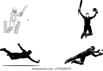 Collage von Cricket-Spielern in verschiedenen dynamischen Posen während eines Spiels, die ihre Fähigkeiten und Athletik zeigen.
