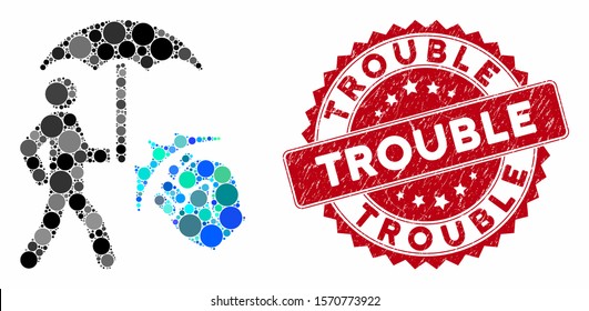 Collage crime coverage and rubber stamp seal with Trouble phrase. Mosaic vector is composed with crime coverage icon and with randomized round elements. Trouble stamp seal uses red color,