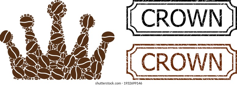 Collage crown constructed from coffee beans, and grunge Crown rectangle seal stamps with notches. Vector coffee items are arranged into abstract mosaic crown icon with brown color.