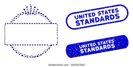 Collage crown round and rectangle frame and distressed stamp seals with United States Standards text. Mosaic vector crown round and rectangle frame is formed with scattered elliptic parts.