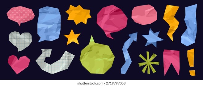 Collage crumpled paper speech bubbles, arrows and stars. Realistic vector scrapbook design elements