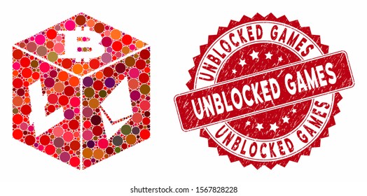 Collage cryptocurrency dice and corroded stamp seal with Unblocked Games caption. Mosaic vector is created with cryptocurrency dice icon and with randomized circle items.