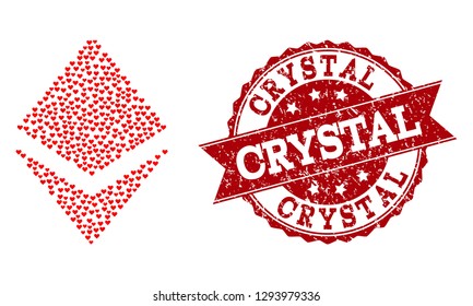 Collage crystal composed with red love hearts, and isolated grunge seal. Composition for Valentines Day. Crystal concept constructed with small randomized romantic heart components.