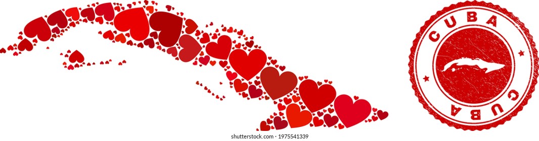 Collage Cuba map composed with red love hearts, and rubber stamp. Vector lovely round red rubber seal stamp imprint with Cuba map inside. Geographic abstraction of Cuba map with red wedding symbols.