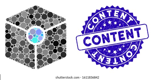 Collage cube vertex icon and rubber stamp seal with Content caption. Mosaic vector is composed with cube vertex icon and with scattered spheric spots. Content stamp seal uses blue color,