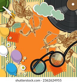 Collage with cupids, vinyl record, glasses, balloons and patchwork elements. Vector illustration